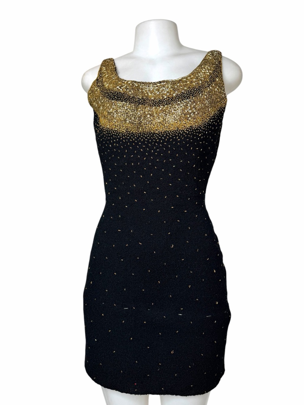 VTG 1960s Handmade Black Gold Beaded Mini Dress XS Disco Glam Cocktail Mod Party